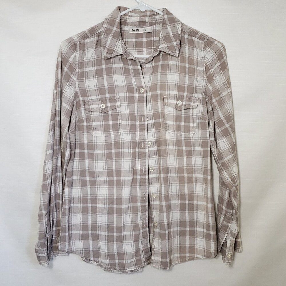 Old Navy Cotton white tan plaid check print flannel shirt S Western Farmhouse